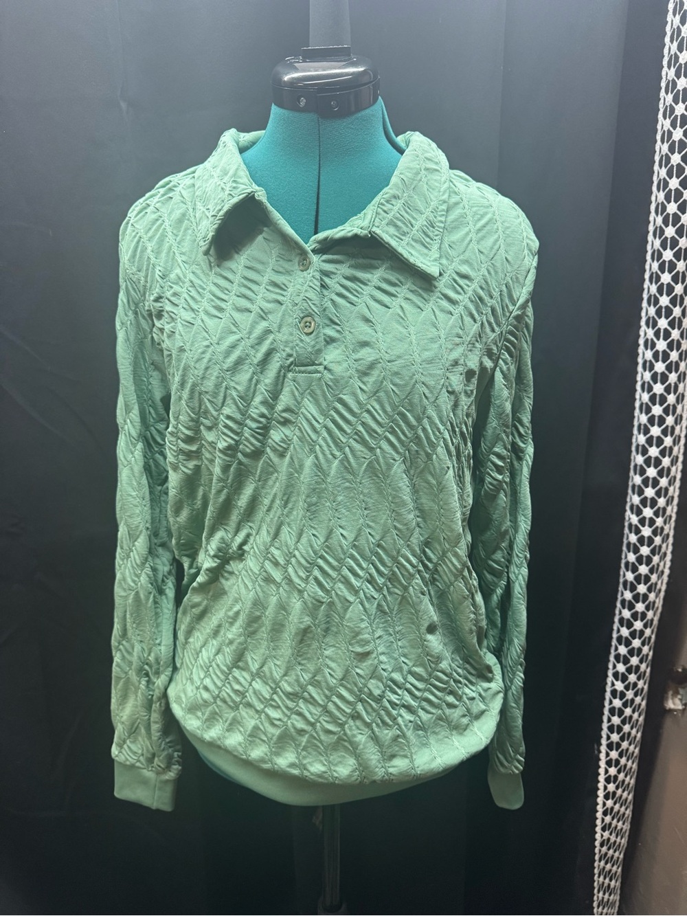 Long Sleeve Textured Polo Top - Seafoam Green
